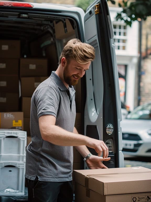 man unloading boxes from the back of a van