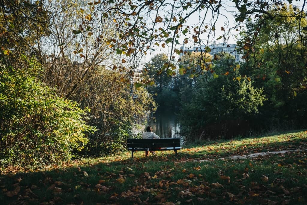 A person sitting on a bench in a park