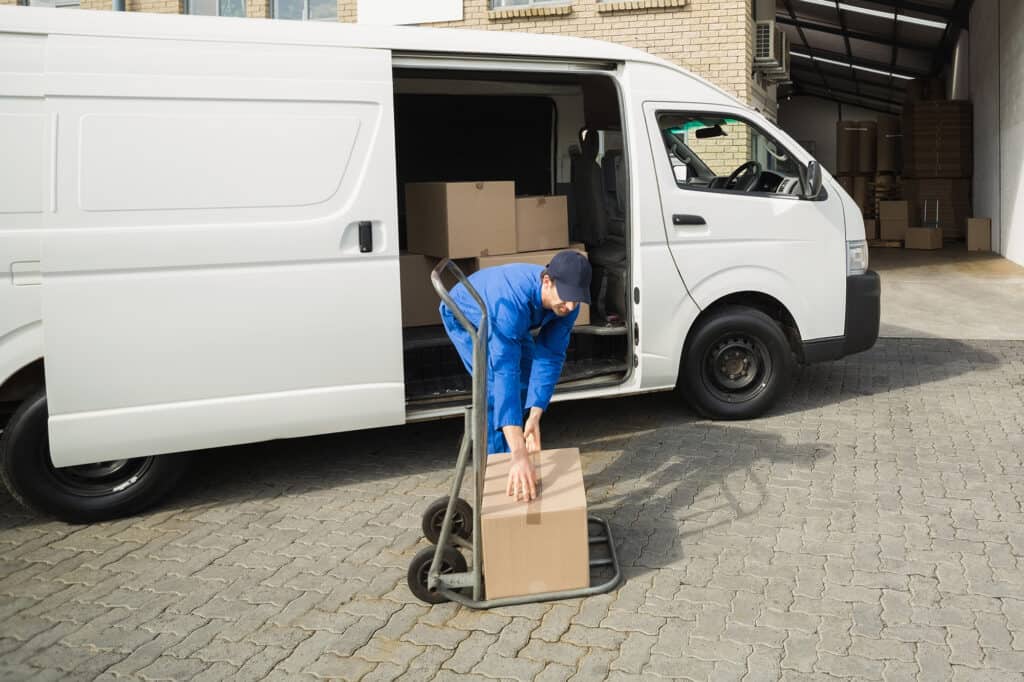 person in blue work overalls and a cap, unloading a cardboard box from a white van