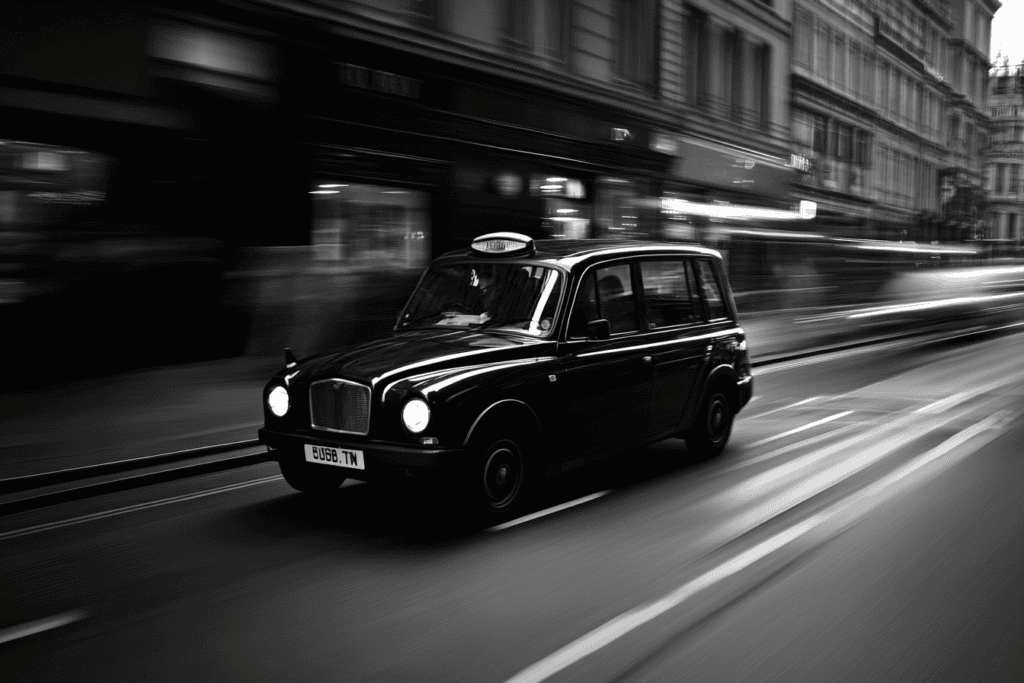 The iconic black taxi navigating a street in London