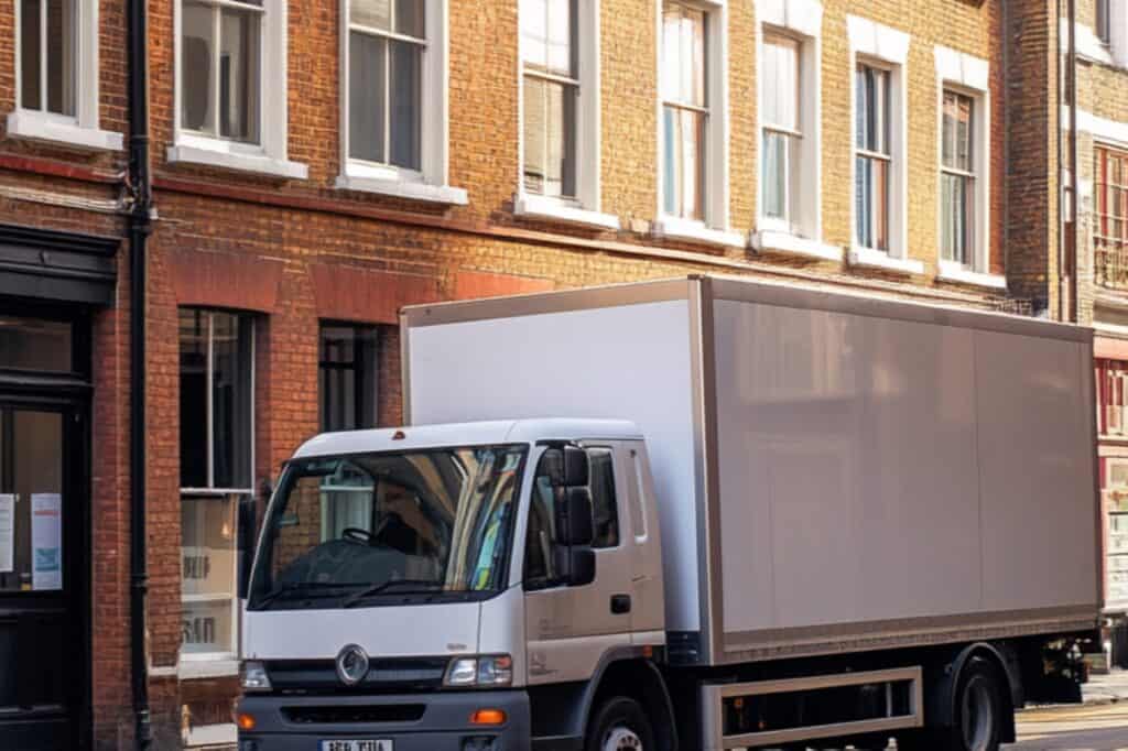 An office removals truck outside the office building on the moving day in the concept of 'What Are Office Removals Services in Battersea'.