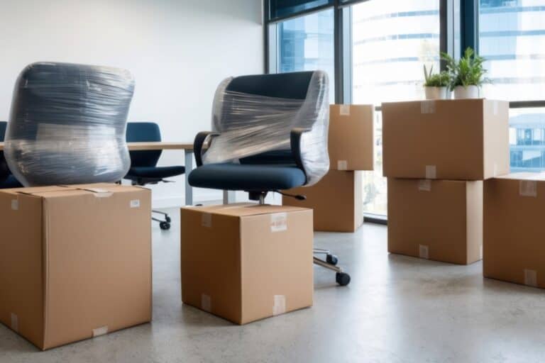 Moving boxes and partially wrapped chairs in a meeting room in the concept of 'How to Plan and Coordinate an Office Move to Battersea'.