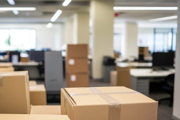 An office during after hours filled with moving boxes in the concept of 'How to Communicate an Office Move to Clients and Partners'.